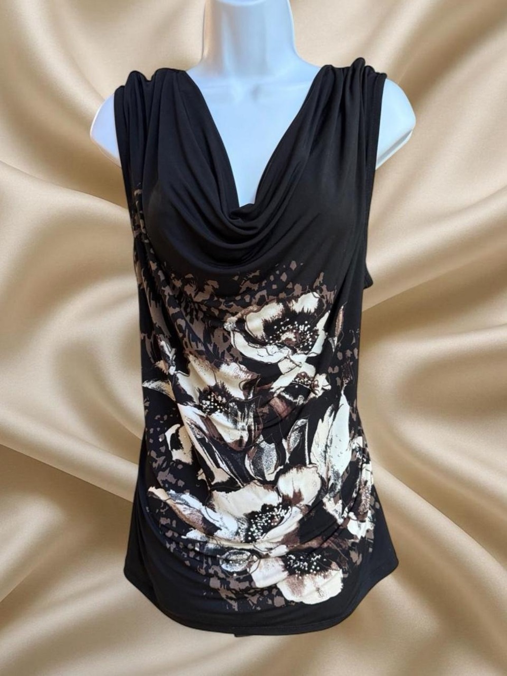 Style & Co. Black Floral Drape Neck Short Sleeve Top